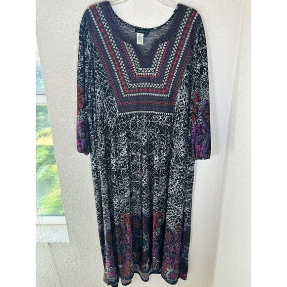 Ulla Popken Dress 28 30 Tunic Dress Maxi Dress Embroidered Boho V-Neck Mumu - Picture 1 of 14